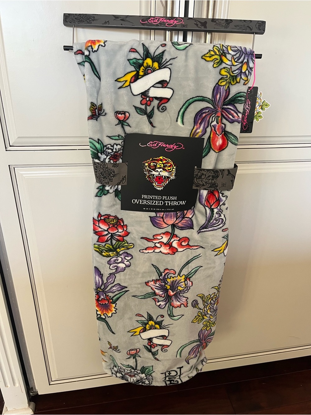 Ed Hardy Floral Printed Plush Oversized Throw Blanket- Light Gray